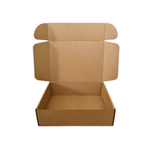 Mailer Open brown cardboard box with flat flaps extended outward, placed against a plain white background. The box, ideal for storing wholesale jars, is empty and positioned upright, showing the inside.