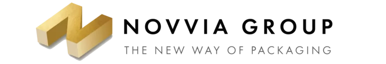 Logo for Novvia Group. It features a stylized gold "N" followed by the text "NOVVIA GROUP" in uppercase letters, with the tagline "THE NEW WAY OF STEEL DRUM PACKAGING" beneath it.