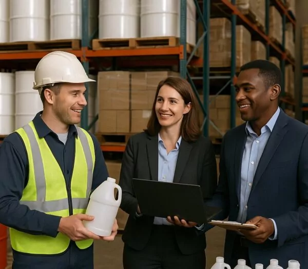 Warehouse Industrial Packaging Consultation - CL Smith Three professionals in a warehouse: a man in a safety vest and helmet holds a plastic jug, while a woman with a laptop and a man with a clipboard smile and discuss the product among shelves of containers.