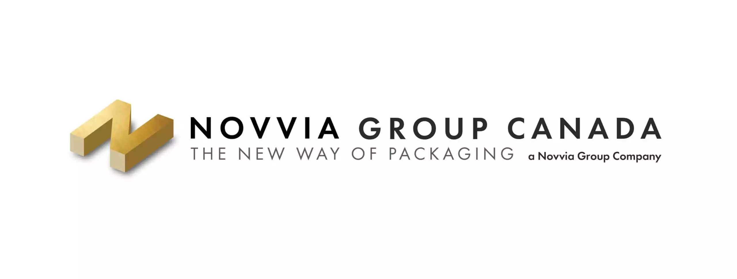 Logo of Novvia Group Canada featuring a stylized gold "N" icon on the left, followed by the text "NOVVIA GROUP CANADA" in bold. Below, it reads "THE NEW WAY OF PACKAGING" and "a Novvia Group Company," highlighting its Andicor Container Division.