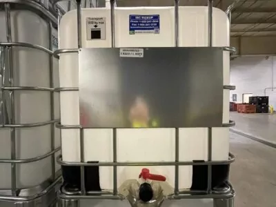 A large white industrial container with a metal cage and a red valve is stacked on top of another. It is labeled with a sign and set in a warehouse environment with other containers nearby.