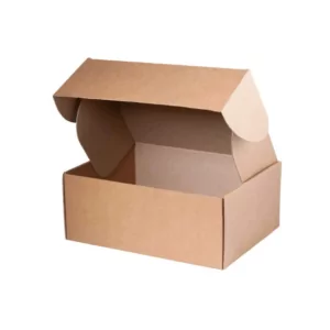 Die Cut A brown, rectangular cardboard box is open, revealing its spacious interior. Positioned on a white background, its lid is partially raised, showcasing its simple design—ideal for bulk items like wholesale jars.