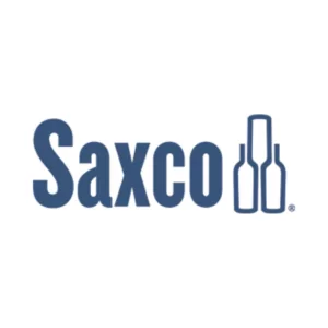 Saxco Logo The Saxco logo features the brand name in elegant blue text against a pristine white background, complemented by a design of three abstract bottle shapes on the right.