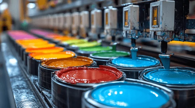 Rows of open paint cans containing various vibrant colors, including red, orange, yellow, green, and blue, are lined up in a factory setting. Machines are dispensing paint into some of the cans, highlighting industrial production.