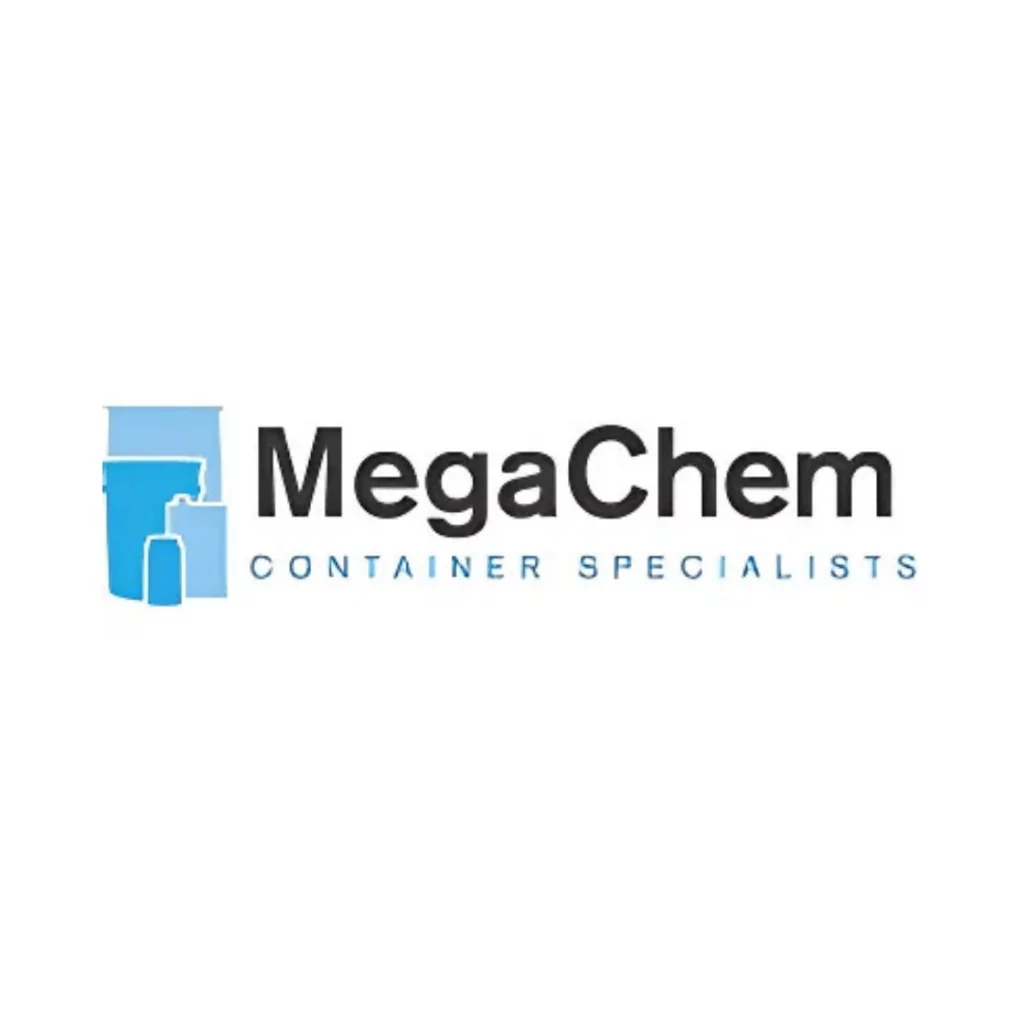 Logo for MegaChem Container Specialists, featuring the company name in bold black text. On the left, Saxco-styled icons display a large blue container and a smaller white bottle. Below, 