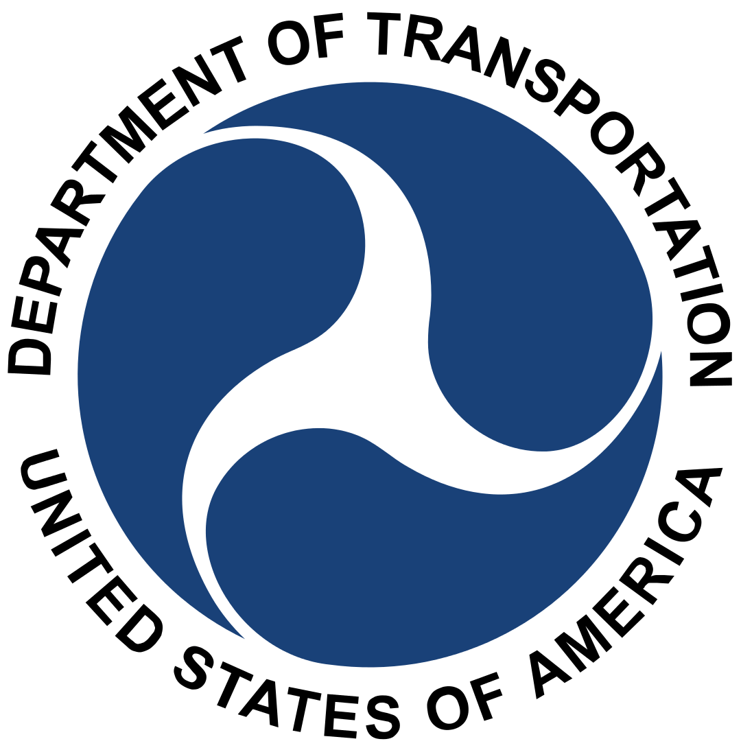 Seal of the U.S. Department of Transportation featuring a stylized white triskelion on a blue circular background, encircled by the text "Department of Transportation United States of America," reminiscent of an official notice stamped on packaging tape for authenticity.