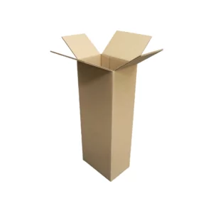 Full Over Lap A tall, open cardboard box on a plain white background stands ready to hold wholesale jars. The flaps are unfolded, revealing an empty interior eager for its new cargo. The box is vertically oriented, waiting in anticipation for the promise of what's to come.