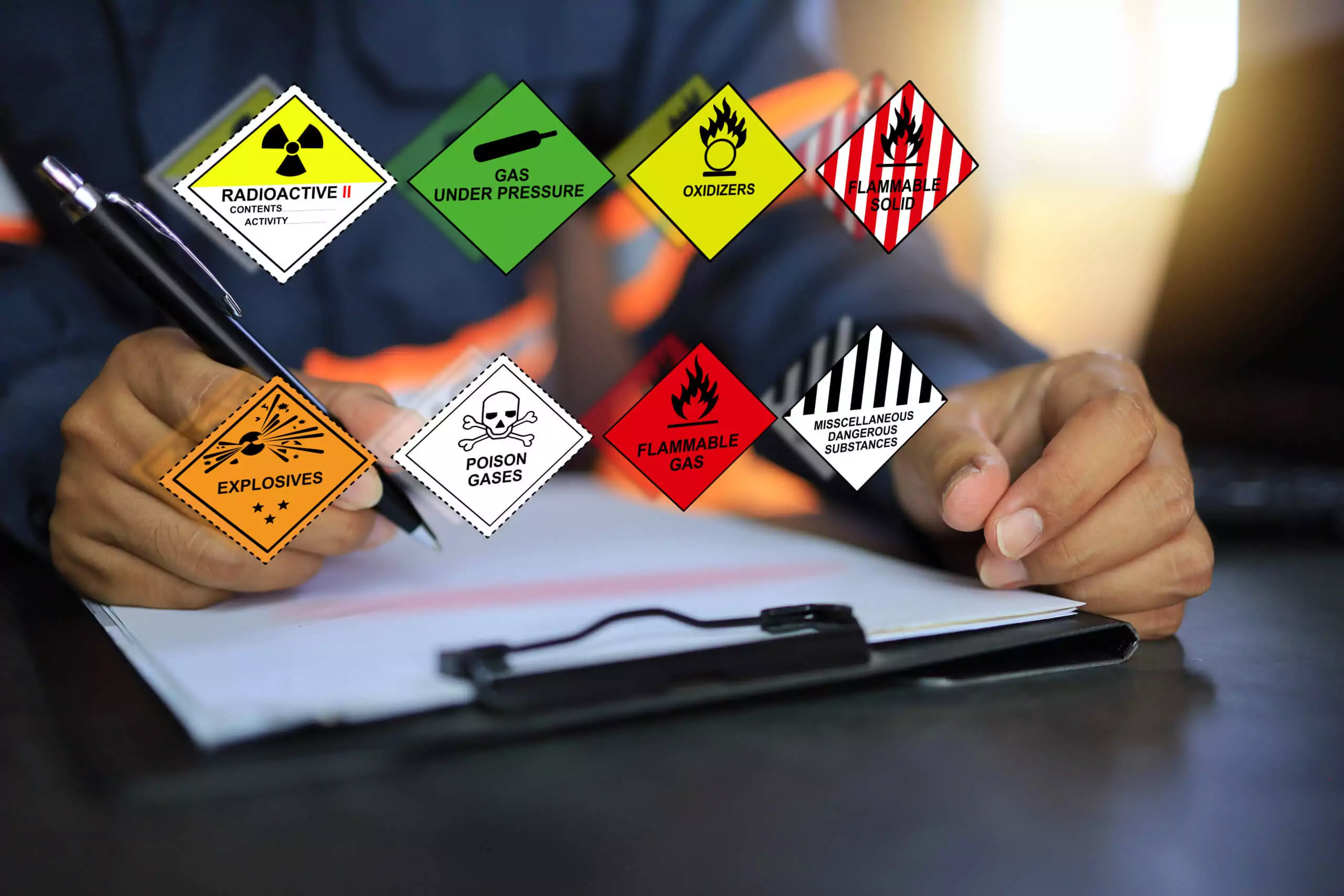 A person is writing on a clipboard emblazoned with hazard symbols like radioactive, gas under pressure, and more. The background is blurred, but the importance of HAZPlus Safety Training shines through amidst the explosive imagery of poison and flammable gas warnings.