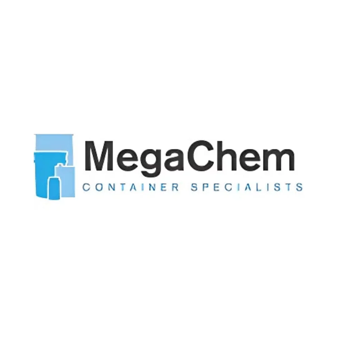 Logo for MegaChem Container Specialists, featuring the company name in bold black text. On the left, Saxco-styled icons display a large blue container and a smaller white bottle. Below, "CONTAINER SPECIALISTS" appears in smaller blue letters on a white background.