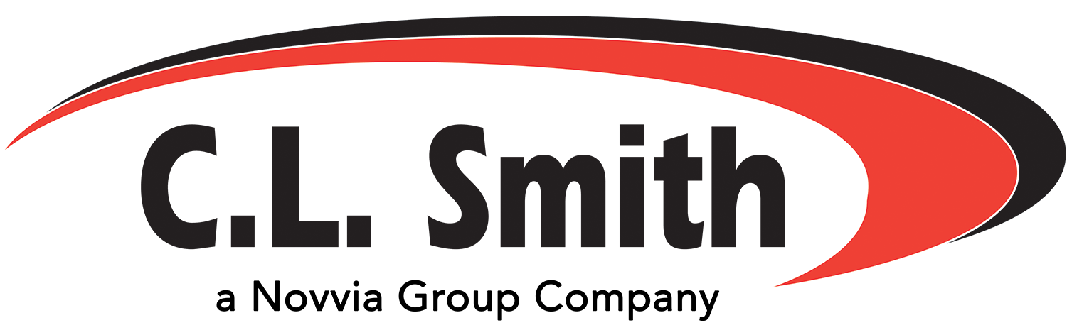 CLS Logo wNovvia Logo of C.L. Smith featuring bold black text with a curved red and black swoosh above.