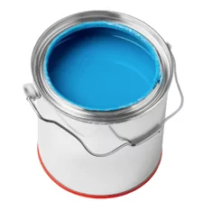 An open metal paint can filled with bright blue paint. The can has a metal handle and a red bottom rim, and is viewed from above.