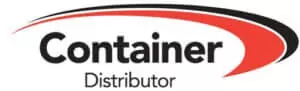 container logo Logo with the word "Container" in bold black text and "Distributor" below it in smaller font. A curved red and black swoosh arcs above the text.
