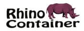 The image features the bold words "Rhino Container" in black, elegantly paired with a purple silhouette of a rhinoceros.