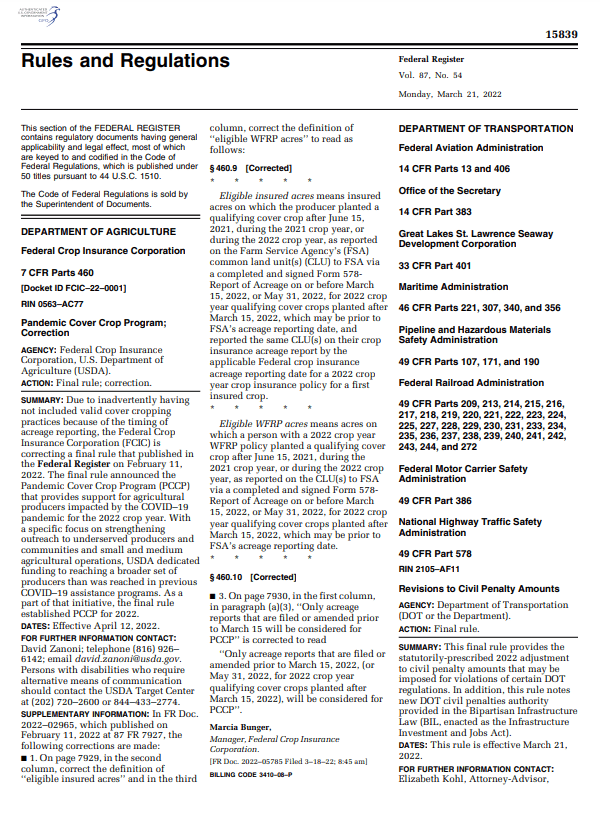 Page of rules and regulations text from the Federal Register dated March 21, 2022. Features sections from the Department of Agriculture and Department of Transportation, highlighting civil penalties with headers, detailed regulations, and contact information at the bottom.