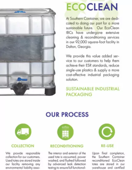 An advertisement for Southern Container, LLC showcases their EcoClean services. It features images of a large industrial container, highlights sustainable packaging solutions, and outlines steps for collection, reconditioning, and reuse. Contact info included.