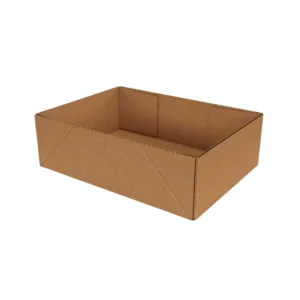 Design Style Tray A plain, rectangular, brown cardboard box is open and empty, viewed from a slightly elevated angle. The box’s flaps are folded outwards, revealing its corrugated texture—perfect for housing wholesale jars. The background is a crisp white.