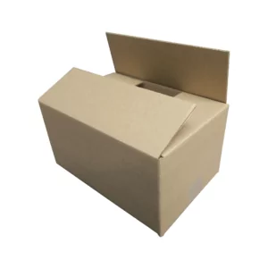 Regular Slotted Container A plain brown cardboard box with flaps partially open sits at an angle, hinting at the possibility of holding wholesale jars inside. Positioned against a white background, it emphasizes the simple, utilitarian design that could efficiently house valuable bulk items.