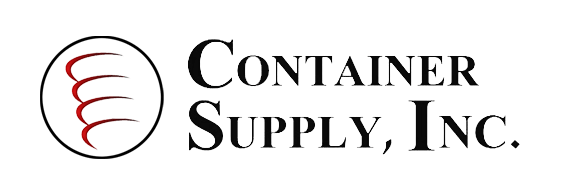 Logo of Container Supply, Inc. featuring the company name in black capital letters and a red swirl graphic on the left side.