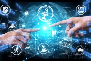 Innovative Design Two hands pointing at a digital interface displaying futuristic icons connected by lines. Icons include a rocket, graphs, gears, and human figures, suggesting themes of technology, innovation, and teamwork against a blue, tech-inspired background.